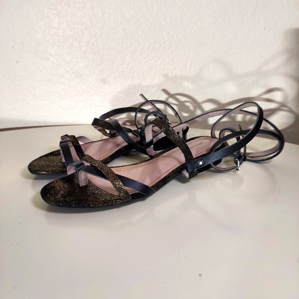 Pilcro And The Letterpress Black/Gold Metallic Leather Strappy Sandals WM Sz 8.5